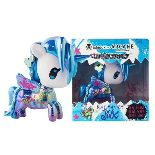 FIGURA DE UNICORNO DE EDICIÓN ESPECIAL DE JINX CAÓTICA AZUL DE TOKIDOKI X ARCANE